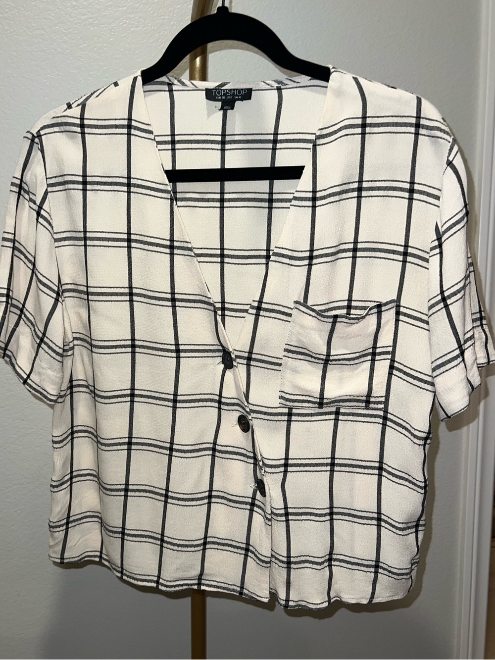 Topshop Cream and Black Windowpane Plaid Blouse